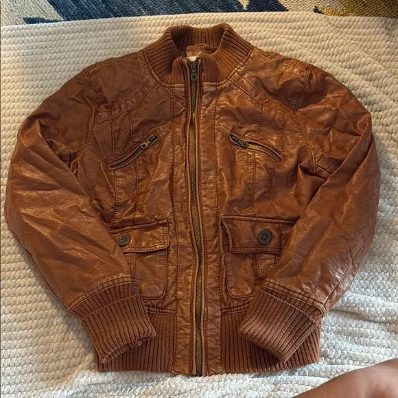 Women’s Brown Pleather Bomber Jacket - Picture 1 of 5